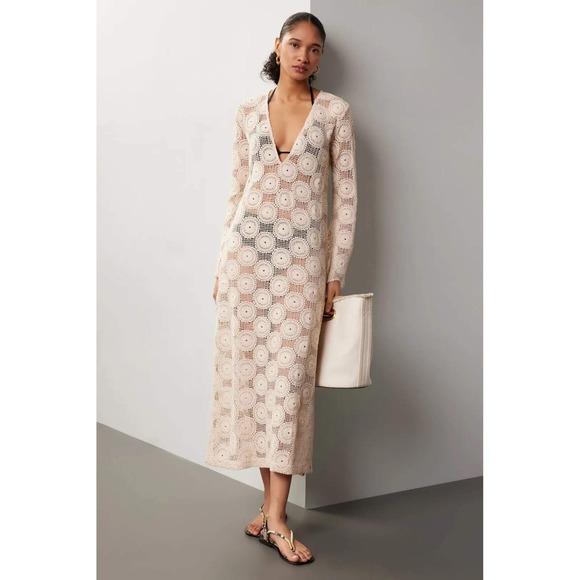 Ronny Kobo Collective Dresses & Skirts - Ronny Kobo Collective Beige Crochet Medallion Maxi Dress Long Sleeve XXL AS IS